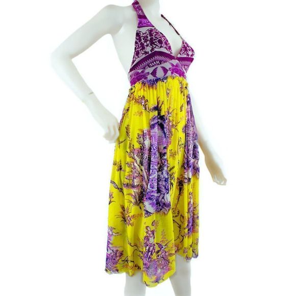 1990's JEAN PAUL GAULTIER Mythical Print Yellow and Purple Vintage Halter Dress - Picture 2 of 11